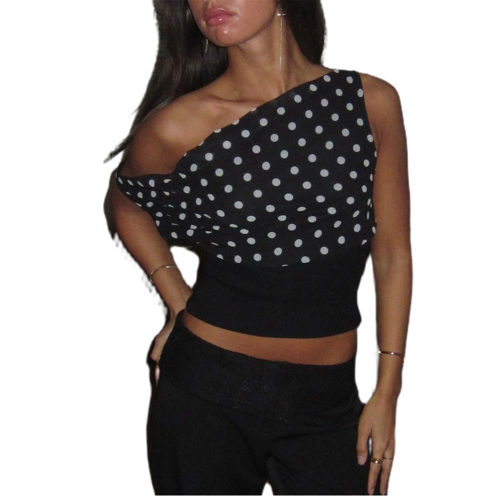 Black and White Polka Dot One-Shoulder Top
